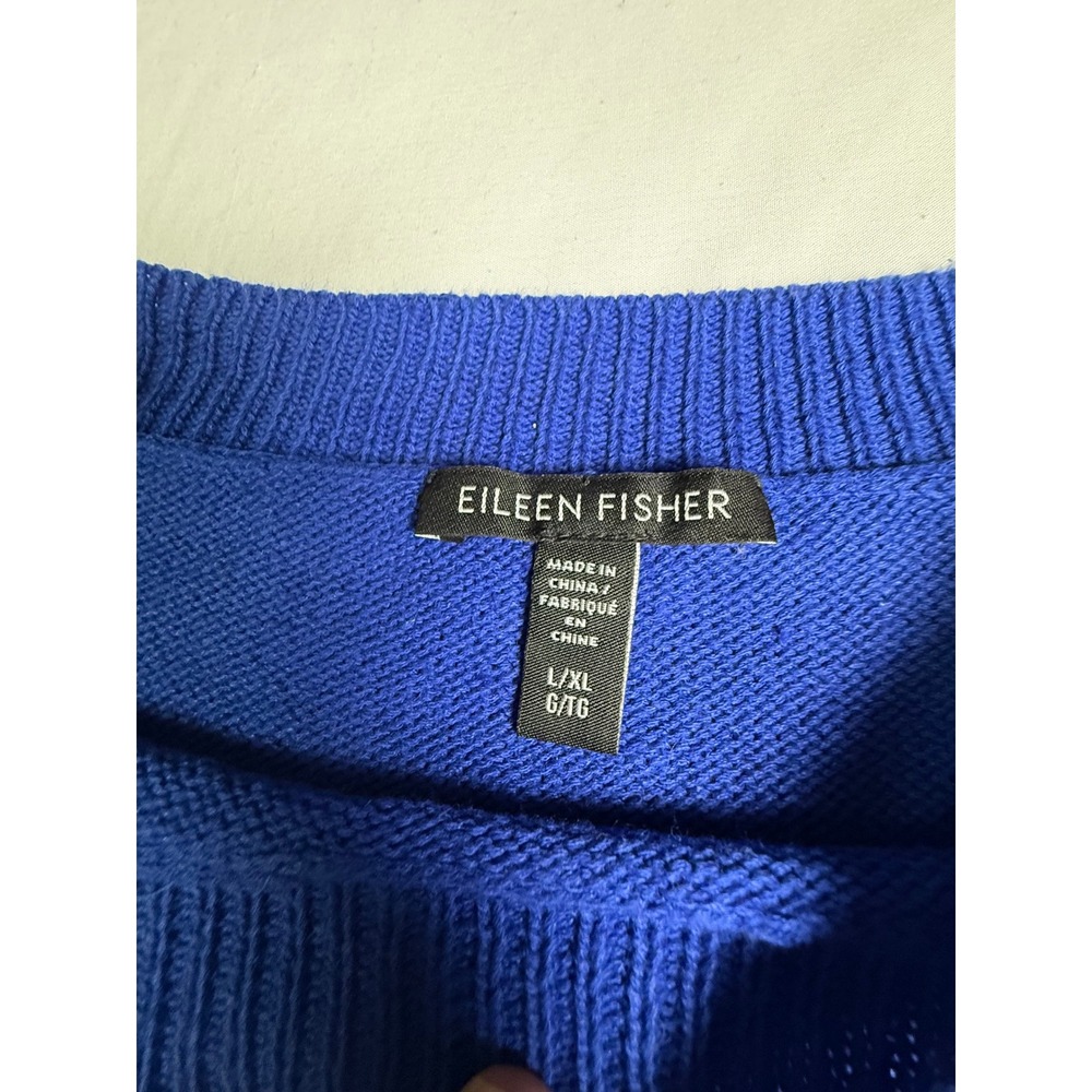 Eileen Fisher Royal Blue Linen Cotton Blend Sweater L/XL Crew Neck 3/4 Sleeve - Picture 4 of 5
